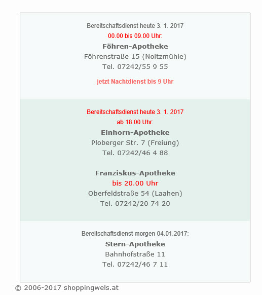 Apothekenkalender von Wels zum Einbinden in Homepage