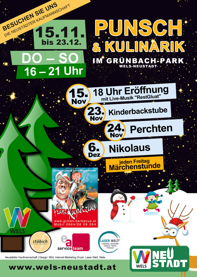 Plakat Punsch&Kulinarik 2019 Advent im Grünbachpark/Wels-Neustadt.