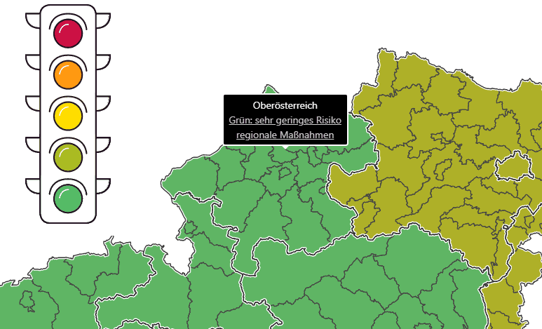 Die Corona-Ampel zeigt die Risikoeinschätzung für Österreich. Wels ist wieder Grün.